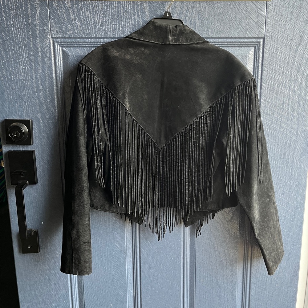 100% Black Leather Suede Fringe Women's Jacket